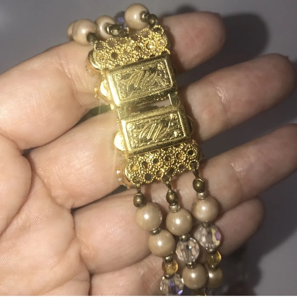 Lisner Vintage Necklace Clip Earring Set Costume  Aurora Borealis Crystal Pearl - Picture 8 of 10